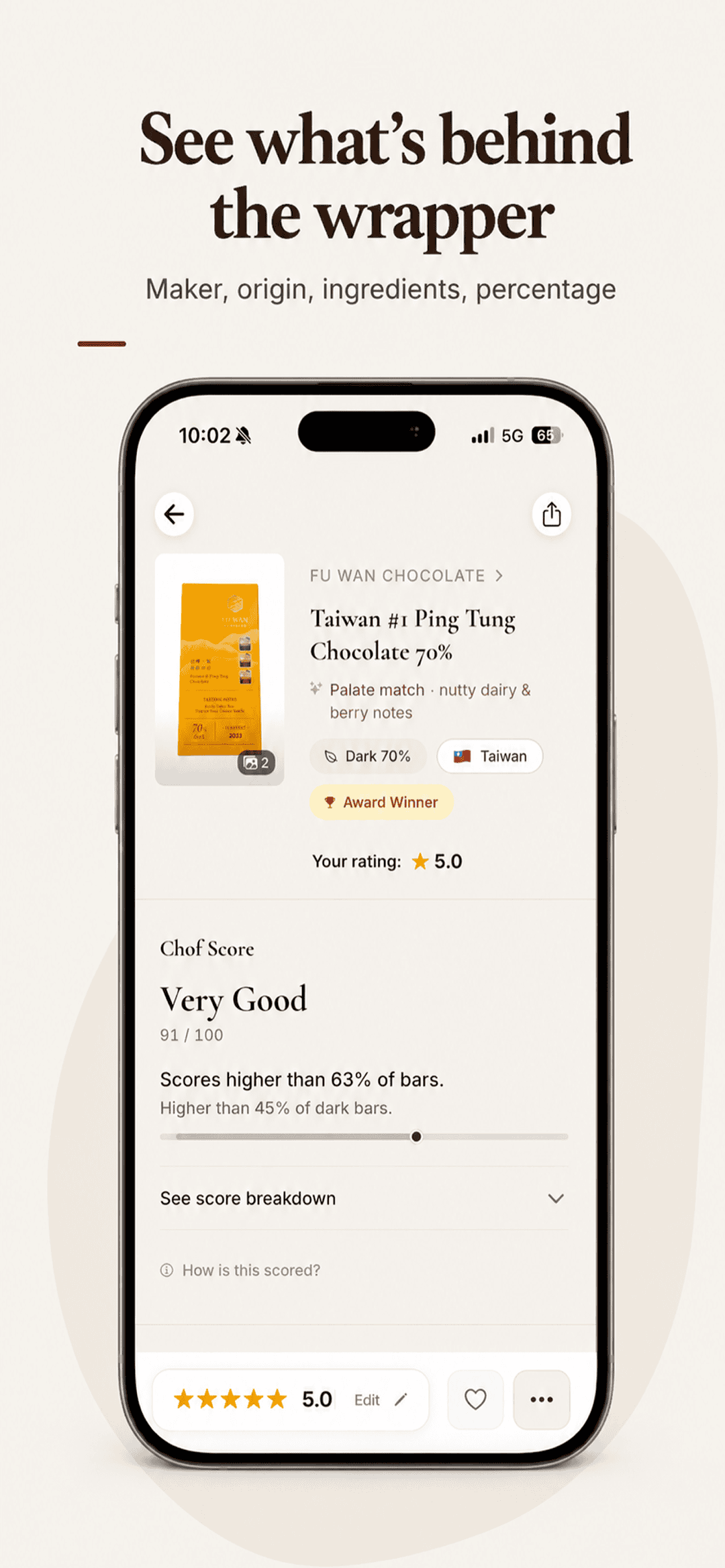 Chof app screen showing what is really behind a chocolate bar wrapper