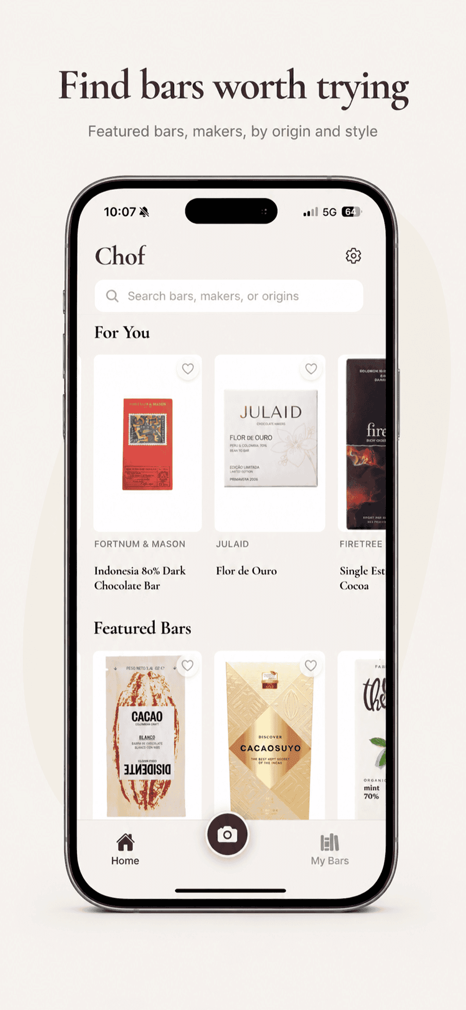 Chof app screen showing personalised chocolate bar recommendations