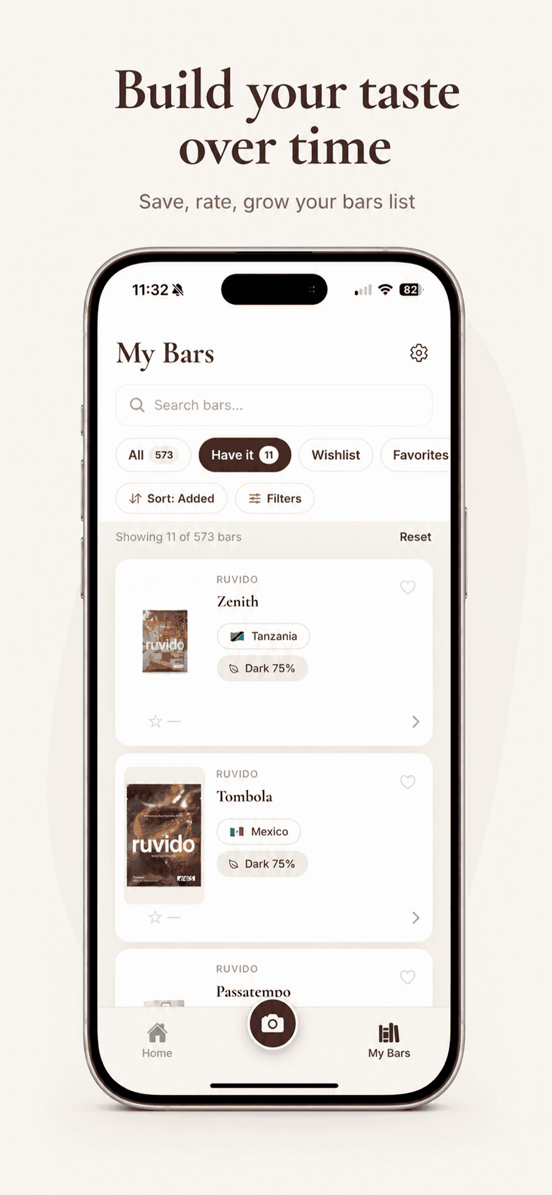 Chof app screen tracking a personal chocolate tasting history