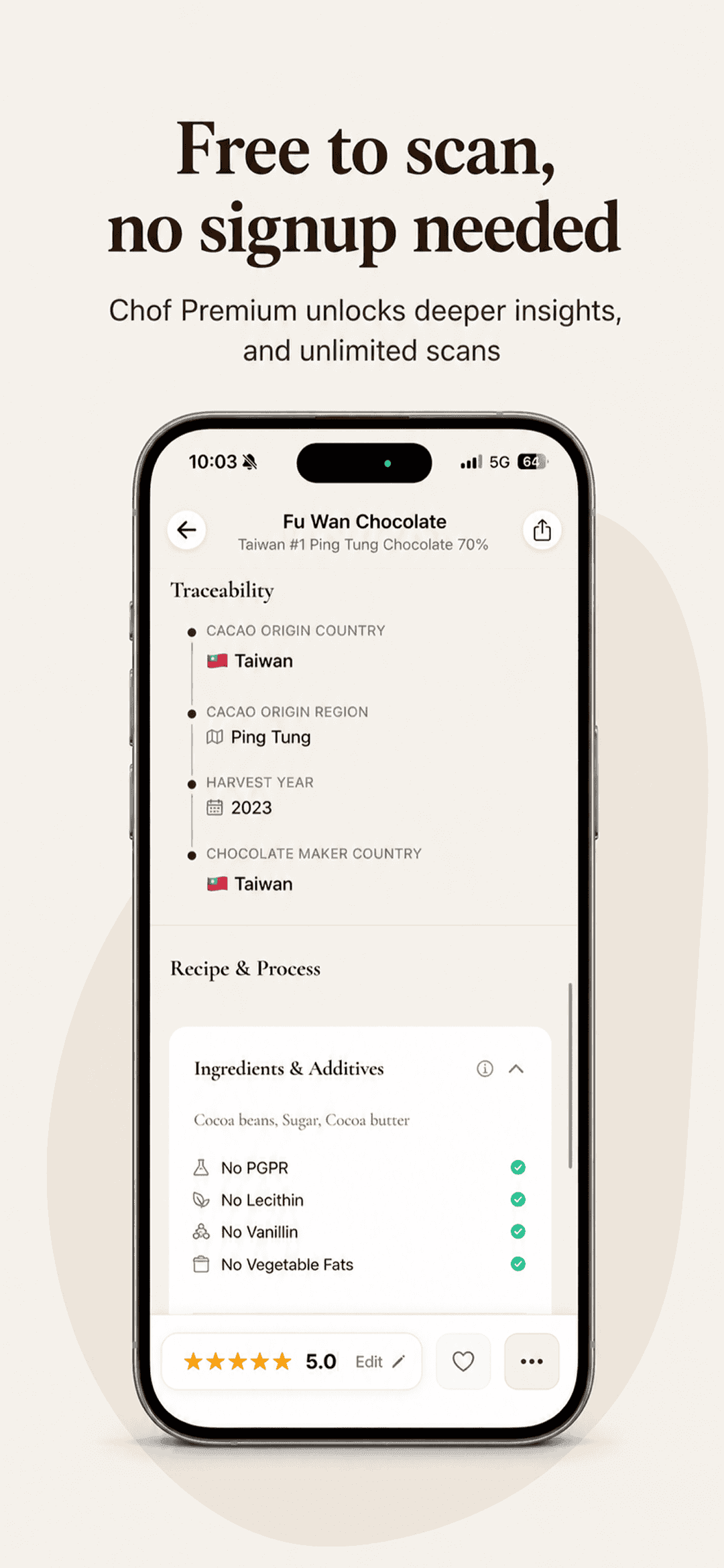 Chof app screen showing scanning is free with no signup required